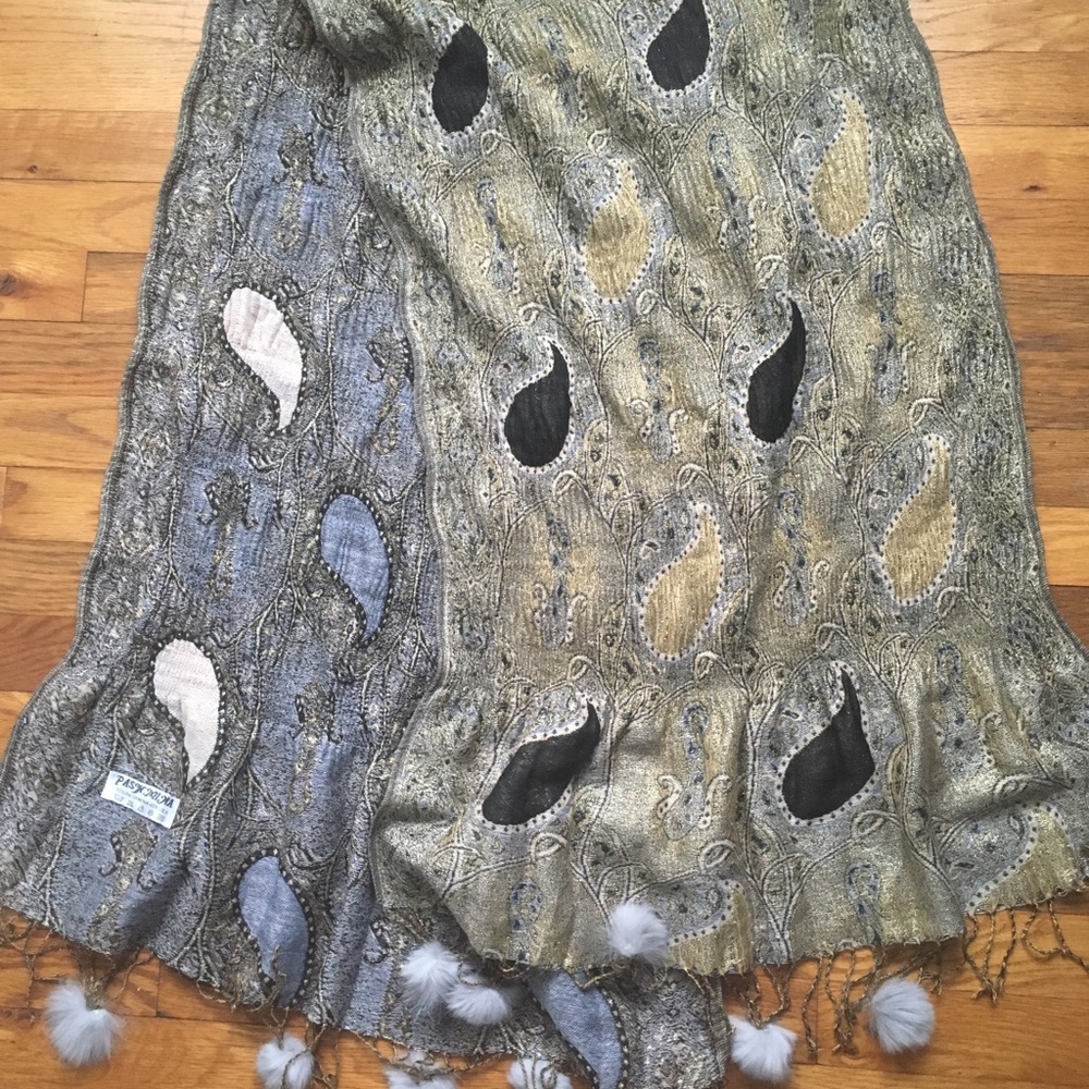Metallic wrap with rabbit fur pom poms